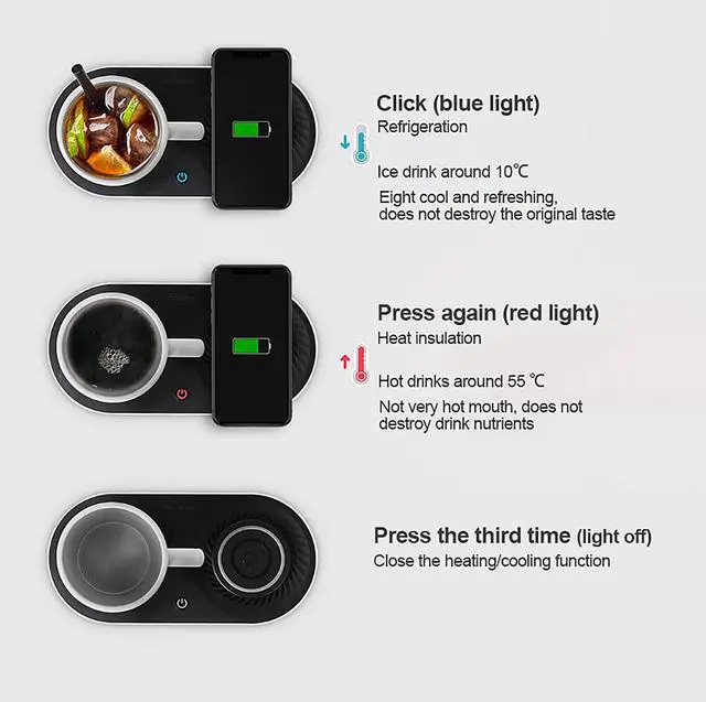 Alt view image 5 of 6 - Coffee Mug Warmer, Drink Cooler with Wireless Charger, Smart Cup Warming, Beverage Cooling and Phone Charging 3 in 1 for Desk Office Gift