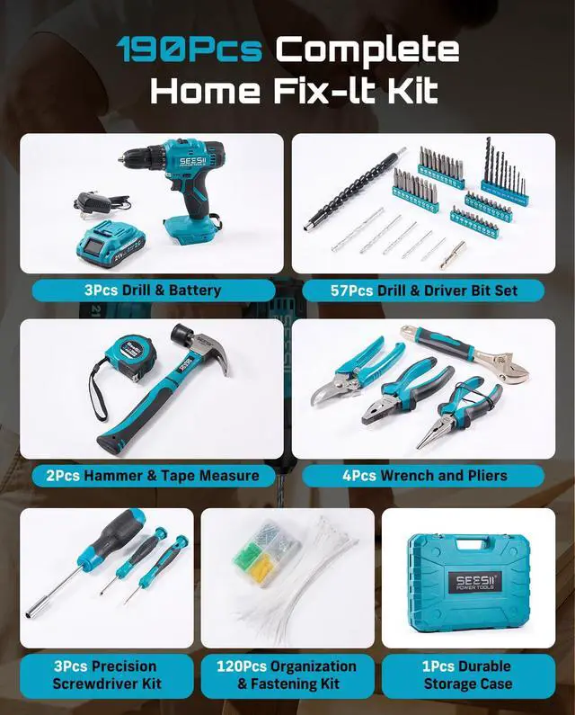 Alt view image 2 of 7 - 21V Cordless Drill Tool Kit - 190Pcs Power Tool Combo Set, Hand Tool Kit with Toolbox, Electric Drill Driver for Home Hand Repair DIY