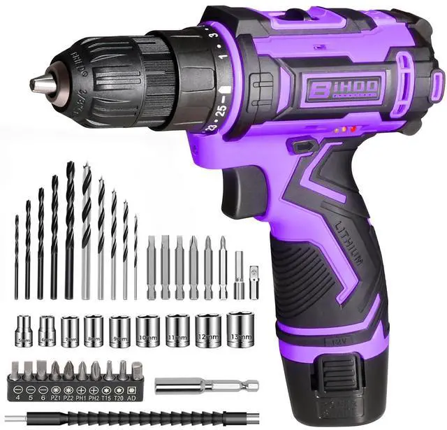 Main image of Purple 12V Cordless Drill,Electric Power Driver Kit,3/8-Inch Keyless Chuck, Variable Speed,with Drills Bits Set for Home DIY