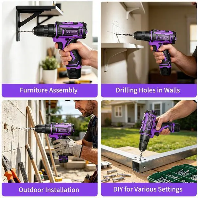 Alt view image 7 of 7 - Purple 12V Cordless Drill,Electric Power Driver Kit,3/8-Inch Keyless Chuck, Variable Speed,with Drills Bits Set for Home DIY