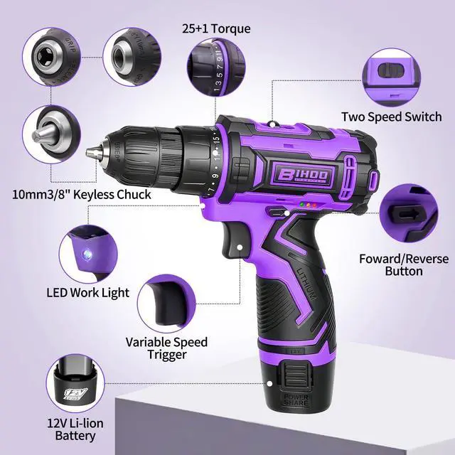 Alt view image 3 of 7 - Purple 12V Cordless Drill,Electric Power Driver Kit,3/8-Inch Keyless Chuck, Variable Speed,with Drills Bits Set for Home DIY