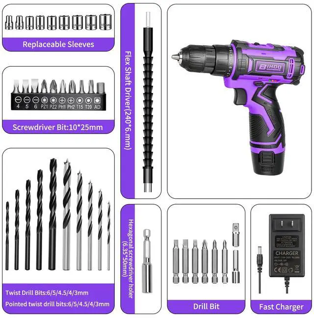 Alt view image 2 of 7 - Purple 12V Cordless Drill,Electric Power Driver Kit,3/8-Inch Keyless Chuck, Variable Speed,with Drills Bits Set for Home DIY