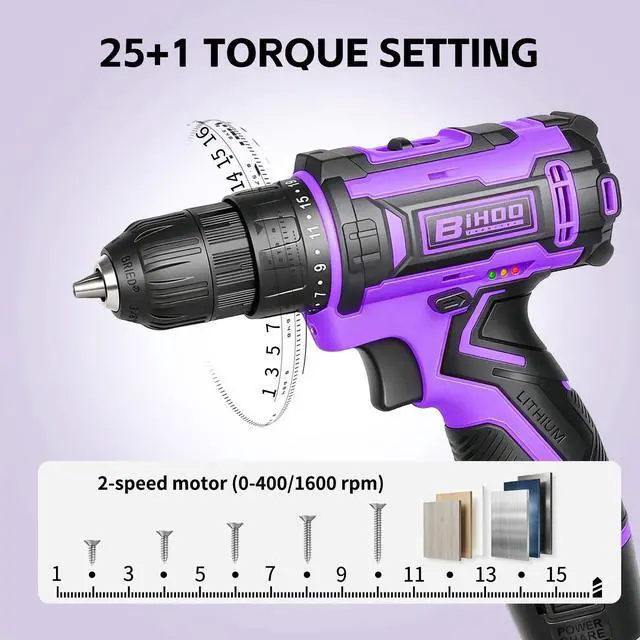 Alt view image 4 of 7 - Purple 12V Cordless Drill,Electric Power Driver Kit,3/8-Inch Keyless Chuck, Variable Speed,with Drills Bits Set for Home DIY