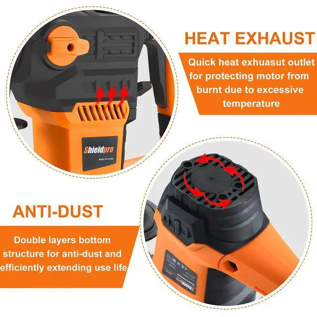 Alt view image 2 of 3 - 1-1/4 Inch SDS-Plus 13 Amp Rotary Hammer Drill Heavy Duty, Safety Clutch 3 Functions with Vibration Control,Including Grease, Flat Chisels, Point Chisels and 3 Drill Bits