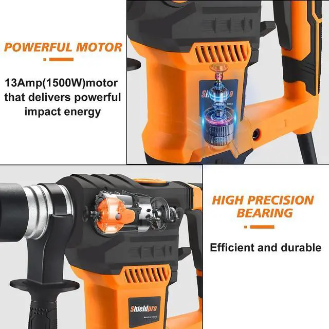 Main image of 1-1/4 Inch SDS-Plus 13 Amp Rotary Hammer Drill Heavy Duty, Safety Clutch 3 Functions with Vibration Control,Including Grease, Flat Chisels, Point Chisels and 3 Drill Bits
