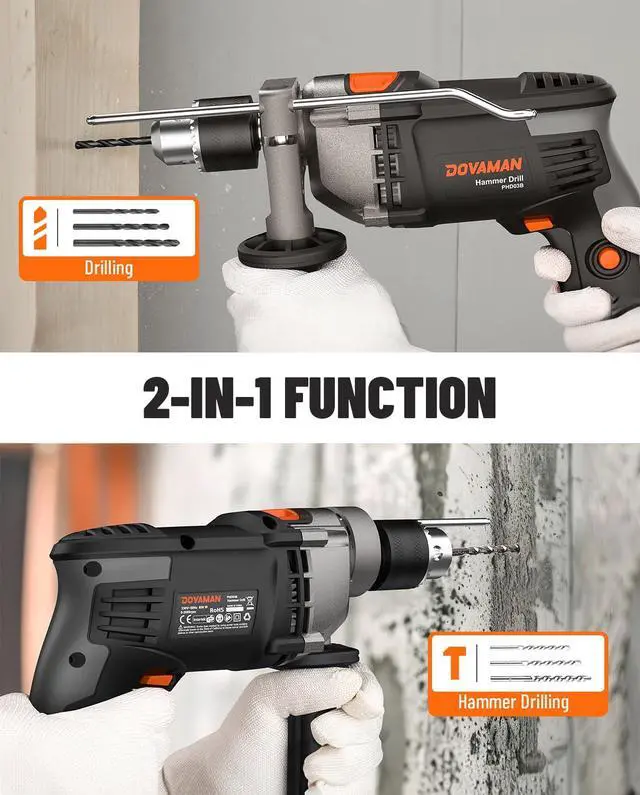Alt view image 3 of 7 - 7.5A Corded Hammer Drill, 1/2'' Impact Drill with Variable Speed 03000RPM, Metal Chuck, 2 Modes for Concrete, Wood, Metal Includes Bits & Carrying Case-PHD03B