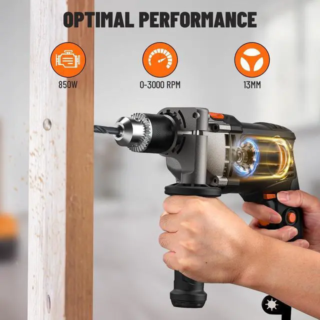 Alt view image 2 of 7 - 7.5A Corded Hammer Drill, 1/2'' Impact Drill with Variable Speed 03000RPM, Metal Chuck, 2 Modes for Concrete, Wood, Metal Includes Bits & Carrying Case-PHD03B