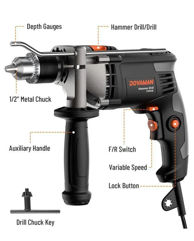 Alt view image 5 of 7 - 7.5A Corded Hammer Drill, 1/2'' Impact Drill with Variable Speed 03000RPM, Metal Chuck, 2 Modes for Concrete, Wood, Metal Includes Bits & Carrying Case-PHD03B