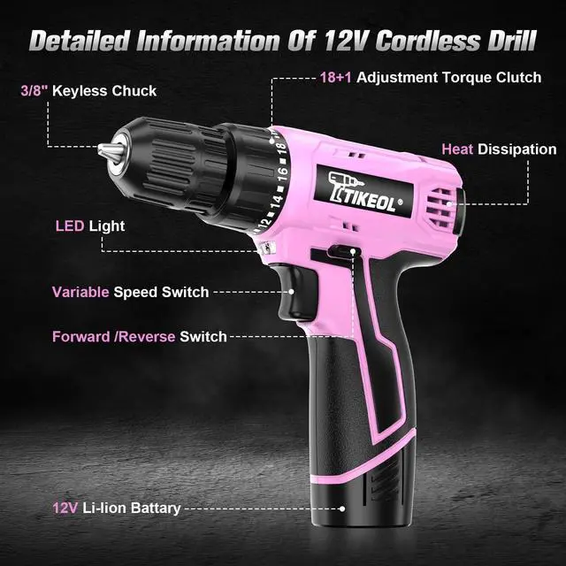 Alt view image 2 of 4 - 12V Cordless Drill Set with Battery & Charger, Electric Power Drill with Pure Copper Motor, 180 In-lbs Torque, 18+1 Clutch, 3/8" Keyless Chuck, LED Light, Drill Kit for Home Repair, DIY(Pink)