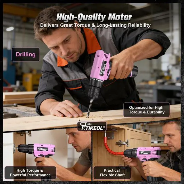 Alt view image 4 of 4 - 12V Cordless Drill Set with Battery & Charger, Electric Power Drill with Pure Copper Motor, 180 In-lbs Torque, 18+1 Clutch, 3/8" Keyless Chuck, LED Light, Drill Kit for Home Repair, DIY(Pink)