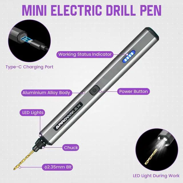 Main image of Mini Electric Drill Pen, 13 in 1 with Aluminium case, Rechargeable, 900 RPM, Needle Vise Hand Drill Kit, 10 HSS Bits, DIY, Wood, Jewelry Making (SDS MINI)
