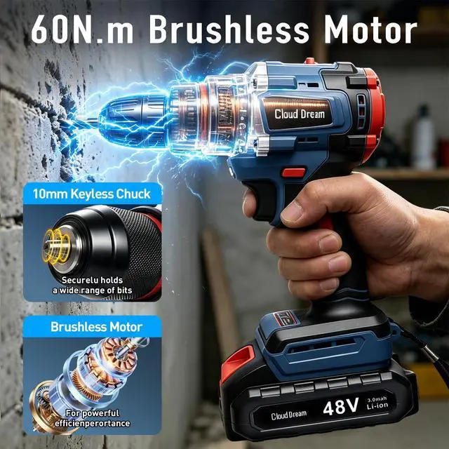 Alt view image 2 of 7 - Cordless Drill Set,Electric Power Drill with 2 Battery,60N.m,21+1 Torque,2 Variable Speed,30pcs Acessories,Built-in LED,Kit for Home