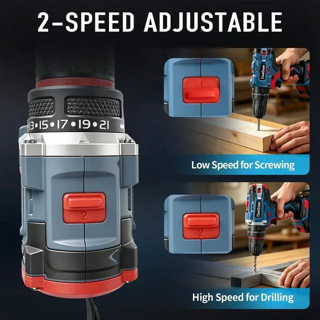 Alt view image 5 of 7 - Cordless Drill Set,Electric Power Drill with 2 Battery,60N.m,21+1 Torque,2 Variable Speed,30pcs Acessories,Built-in LED,Kit for Home