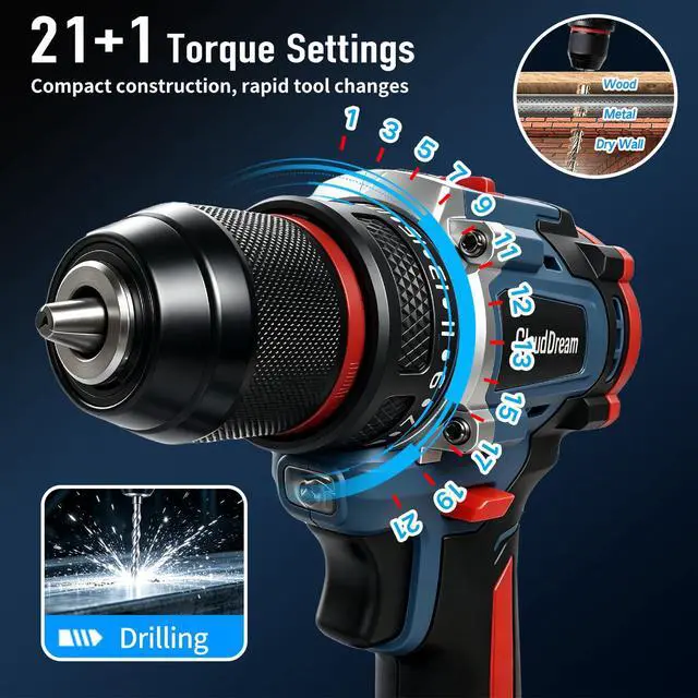Alt view image 4 of 7 - Cordless Drill Set,Electric Power Drill with 2 Battery,60N.m,21+1 Torque,2 Variable Speed,30pcs Acessories,Built-in LED,Kit for Home