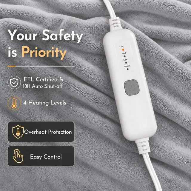 Alt view image 3 of 6 - Electric Heated Blanket Full Size 72"x84", Microplush Fast Heating for Winter Night Sleeping, 5 Heat Settings & 10 Hours Auto Off, Safe for Bedroom & Sofa Use, Machine Washable, Light Grey