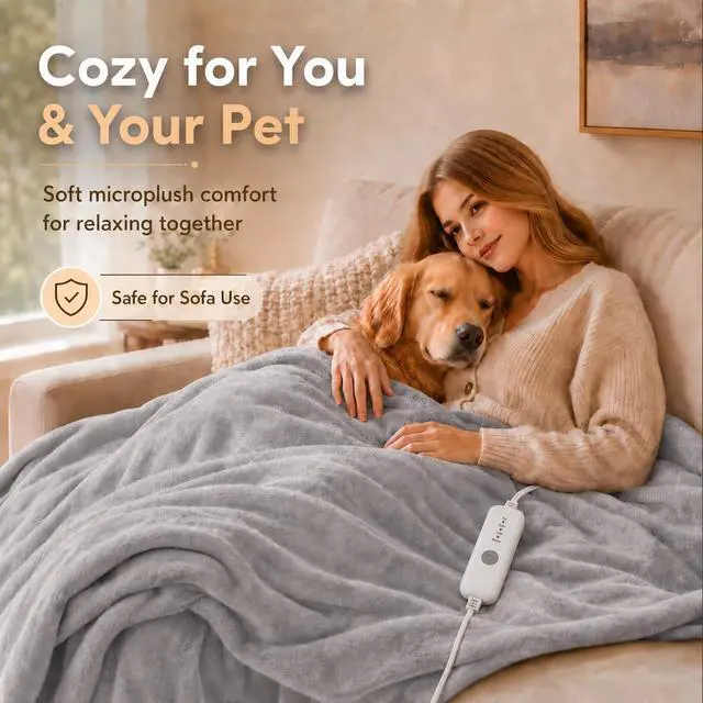 Alt view image 2 of 6 - Electric Heated Blanket Full Size 72"x84", Microplush Fast Heating for Winter Night Sleeping, 5 Heat Settings & 10 Hours Auto Off, Safe for Bedroom & Sofa Use, Machine Washable, Light Grey