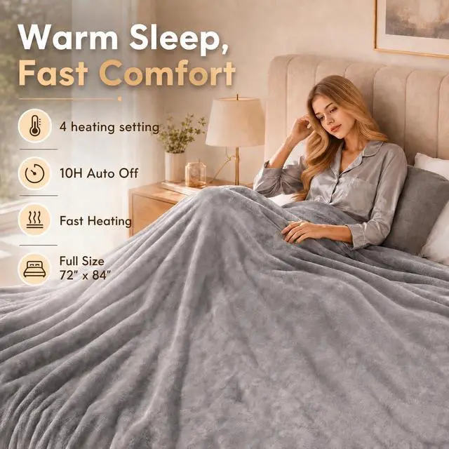 Alt view image 4 of 6 - Electric Heated Blanket Full Size 72"x84", Microplush Fast Heating for Winter Night Sleeping, 5 Heat Settings & 10 Hours Auto Off, Safe for Bedroom & Sofa Use, Machine Washable, Light Grey