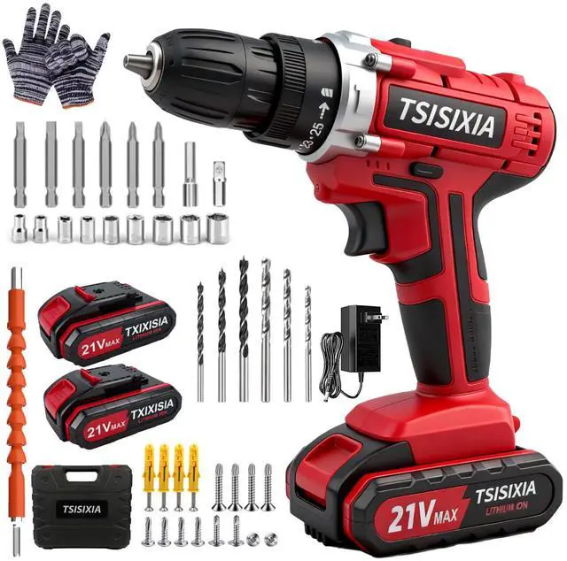 Main image of Power Drill Driver 21V, 45Nm Cordless Drill Set with 2 Batteries and Charger, 39pcs Screw Accessories, 354 in-lbs Electric Screwdriver, Electric Drill for Women, Men, Home performance, DIY (Red)