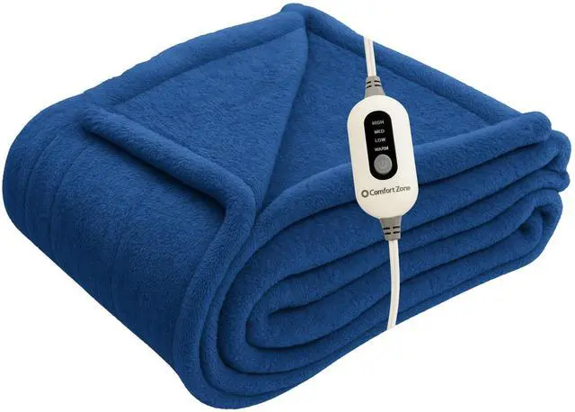 Main image of Comfort Zone Heated Blanket Electric Throw, Solid Pattern, Micro Plush Electric Blanket, Heating Blanket with 4 Heating Levels, 3H Timer, Auto Shutoff, Fast Heating (50x60 inches, Navy)