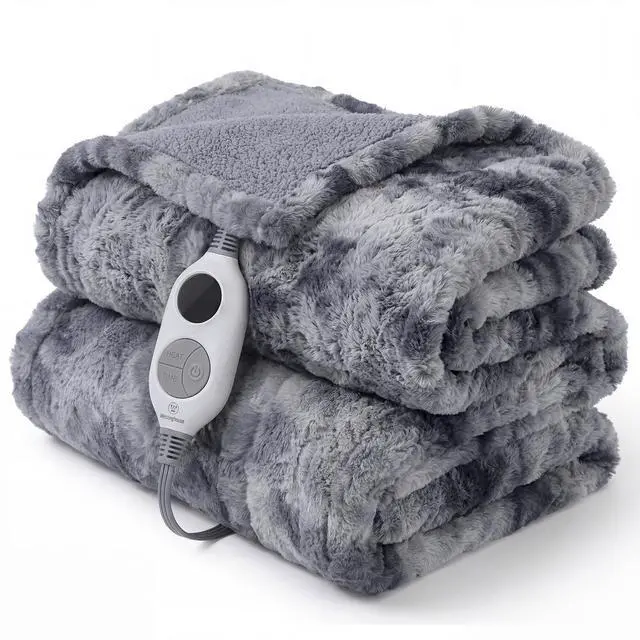Main image of Electric Heated Throw Blanket, Faux Fur with 6 Heating Levels & Auto Off, Soft Cozy Sherpa Washable Blanket (50" x 60", Grey)