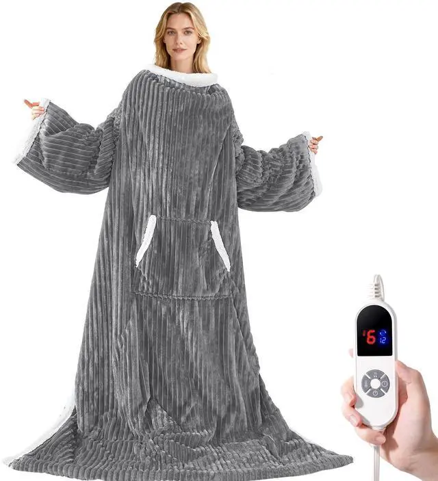 Main image of Heated Wearable Electric Blanket with Sleeves & Foot Pocket, Stripe Fleece Sherpa, 6 Heat Levels 12H Timer Setting, Over-Heat Protection, Machine Washable, 52x72 Inches Dark Gray for Office/Home/Gift