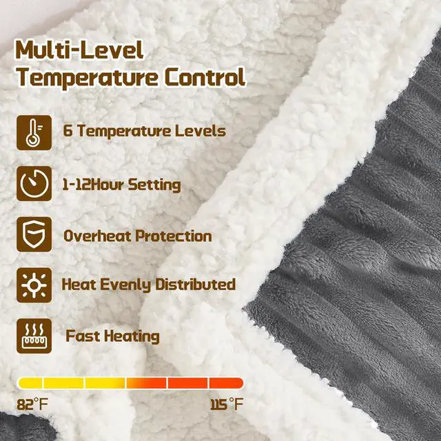 Alt view image 2 of 7 - Heated Wearable Electric Blanket with Sleeves & Foot Pocket, Stripe Fleece Sherpa, 6 Heat Levels 12H Timer Setting, Over-Heat Protection, Machine Washable, 52x72 Inches Dark Gray for Office/Home/Gift