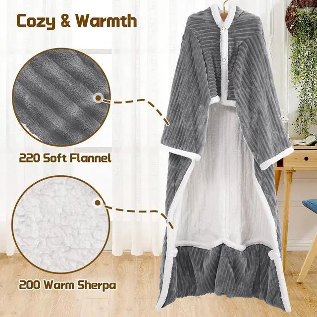 Alt view image 6 of 7 - Heated Wearable Electric Blanket with Sleeves & Foot Pocket, Stripe Fleece Sherpa, 6 Heat Levels 12H Timer Setting, Over-Heat Protection, Machine Washable, 52x72 Inches Dark Gray for Office/Home/Gift