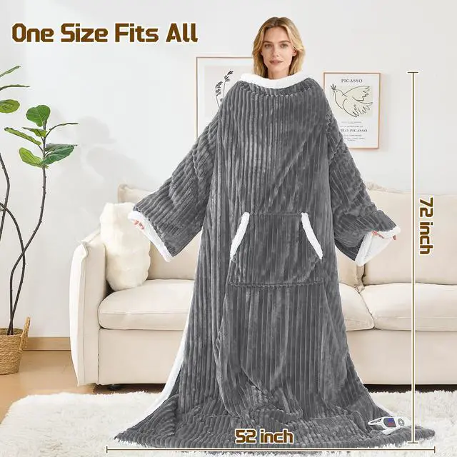 Alt view image 4 of 7 - Heated Wearable Electric Blanket with Sleeves & Foot Pocket, Stripe Fleece Sherpa, 6 Heat Levels 12H Timer Setting, Over-Heat Protection, Machine Washable, 52x72 Inches Dark Gray for Office/Home/Gift