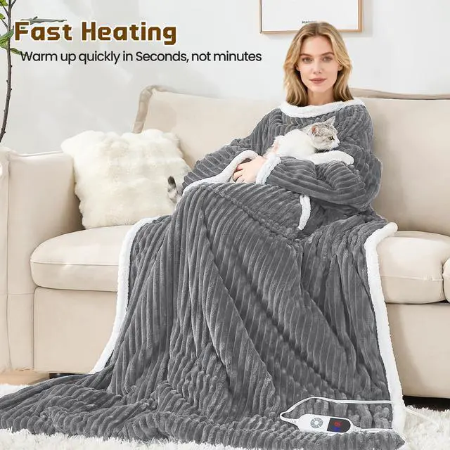 Alt view image 3 of 7 - Heated Wearable Electric Blanket with Sleeves & Foot Pocket, Stripe Fleece Sherpa, 6 Heat Levels 12H Timer Setting, Over-Heat Protection, Machine Washable, 52x72 Inches Dark Gray for Office/Home/Gift