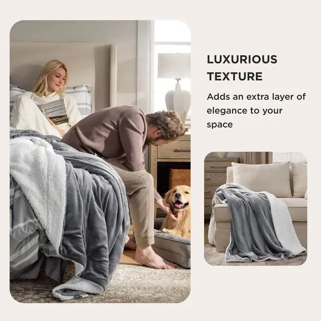 Alt view image 6 of 7 - GentleSoft Sherpa Fleece Throw Blanket for Couch, Non-Heated, Thick & Warm Cozy Blanket for Winter, Soft Fuzzy Plush Throw Gifts for Women and Men, Grey, 50x60 Inches
