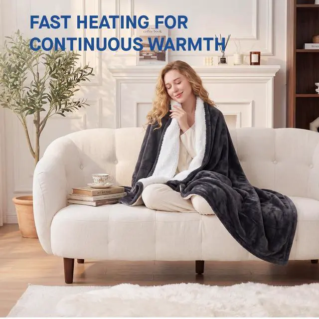 Alt view image 2 of 7 - Electric Blanket Throw Size 50"*60",Super Cozy Flannel to Sherpa Reversible Heated Blanket Throw with 6 Heating Levels & 2-10 Hours Auto Off Overheating Protection Machine Washable,Charcoal