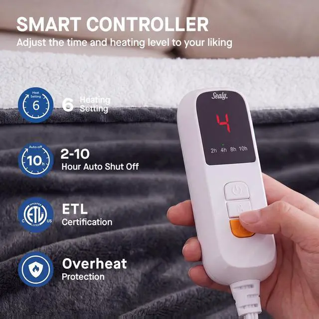 Alt view image 4 of 7 - Electric Blanket Throw Size 50"*60",Super Cozy Flannel to Sherpa Reversible Heated Blanket Throw with 6 Heating Levels & 2-10 Hours Auto Off Overheating Protection Machine Washable,Charcoal