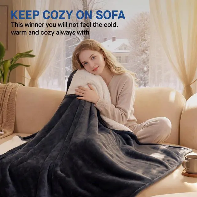 Alt view image 5 of 7 - Electric Blanket Throw Size 50"*60",Super Cozy Flannel to Sherpa Reversible Heated Blanket Throw with 6 Heating Levels & 2-10 Hours Auto Off Overheating Protection Machine Washable,Charcoal