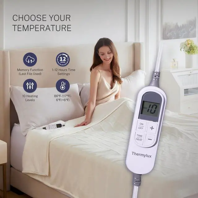 Alt view image 5 of 7 - Electric Blanket Full 72"x84" Heated Electric Blankets 10 Heating 12 Time Settings Levels 8 Hours Auto Off Fast Heating and Overheat Protection ETL Certified Machine Washable,Ivory