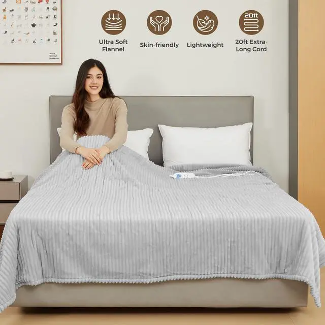 Alt view image 4 of 7 - Electric Heated Blanket Queen Size 84" x 90" | 6 Heating Levels & 8h Auto Timer | Full Body Fast Heating and Ultra Soft Flannel, Machine Washable Bed Sofa Home Office Use, Light Grey