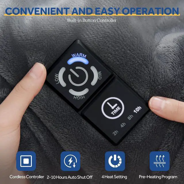 Alt view image 2 of 7 - Heated Blanket Throw with Built-in Button Controller, Reversible Flannel to Sherpa Electric Blanket with 2-10 Hours Auto-Off & 4 Heating Levels, Over-Heat Protection, 50x60 inch, Charcoal