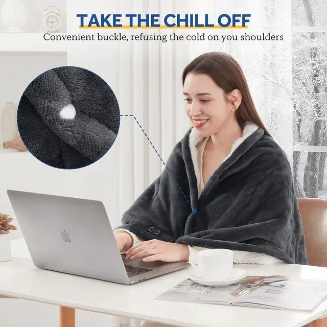 Alt view image 3 of 7 - Heated Blanket Throw with Built-in Button Controller, Reversible Flannel to Sherpa Electric Blanket with 2-10 Hours Auto-Off & 4 Heating Levels, Over-Heat Protection, 50x60 inch, Charcoal