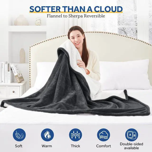 Alt view image 4 of 7 - Heated Blanket Throw with Built-in Button Controller, Reversible Flannel to Sherpa Electric Blanket with 2-10 Hours Auto-Off & 4 Heating Levels, Over-Heat Protection, 50x60 inch, Charcoal