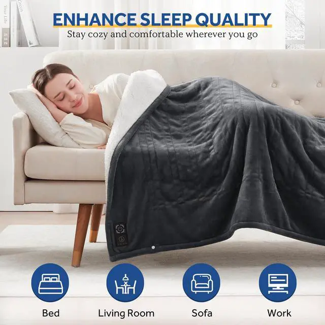 Alt view image 5 of 7 - Heated Blanket Throw with Built-in Button Controller, Reversible Flannel to Sherpa Electric Blanket with 2-10 Hours Auto-Off & 4 Heating Levels, Over-Heat Protection, 50x60 inch, Charcoal