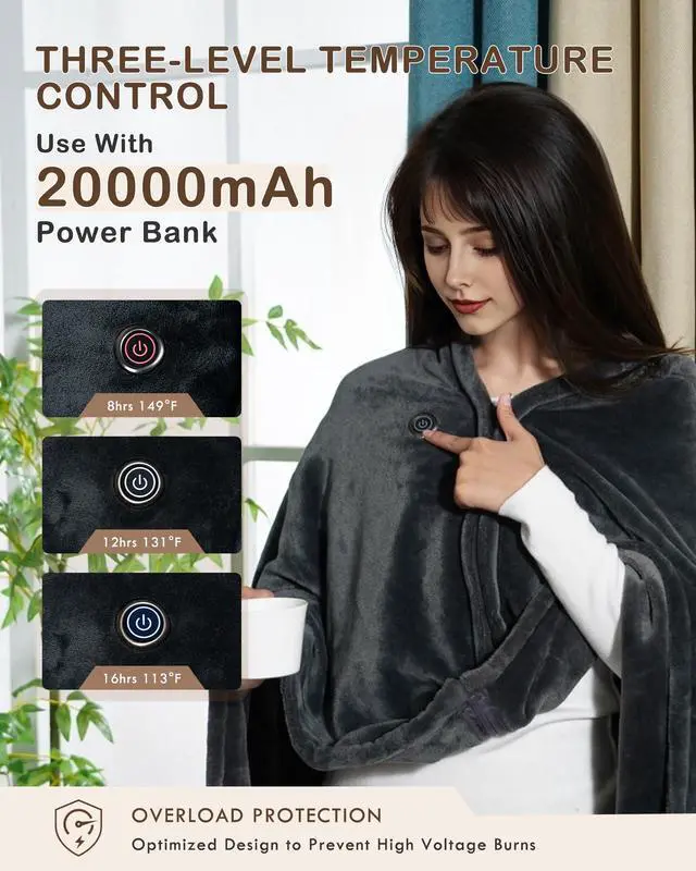 Alt view image 2 of 7 - Cordless Heated Blanket Battery Powered; USB Wearable Portable Heated Throw Blanket with Hood, 20000 mAh Battery, 9 Heating Zone, 3-Level; Portable Heated Shawl Cordless; Camping (Comfort Warm Gray)
