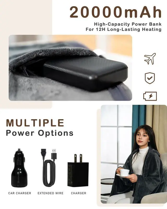 Alt view image 3 of 7 - Cordless Heated Blanket Battery Powered; USB Wearable Portable Heated Throw Blanket with Hood, 20000 mAh Battery, 9 Heating Zone, 3-Level; Portable Heated Shawl Cordless; Camping (Comfort Warm Gray)