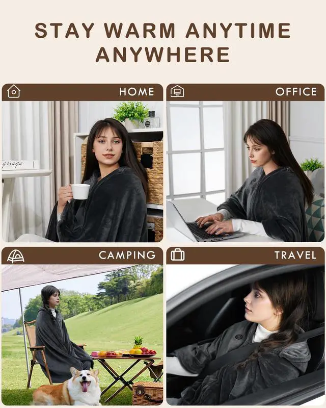 Alt view image 6 of 7 - Cordless Heated Blanket Battery Powered; USB Wearable Portable Heated Throw Blanket with Hood, 20000 mAh Battery, 9 Heating Zone, 3-Level; Portable Heated Shawl Cordless; Camping (Comfort Warm Gray)