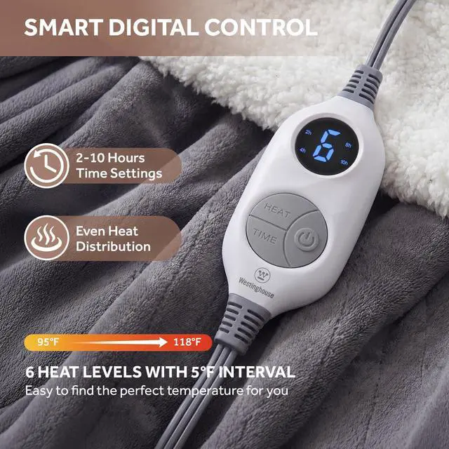 Alt view image 2 of 7 - Heated Throw Blanket, Soft Flannel to Sherpa Electric Throw with 6 Heating Levels, 2-10 Hours Time Settings, Fast Heating, Machine Washable 50x60 Inch, Charcoal