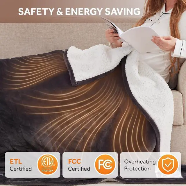 Alt view image 3 of 7 - Heated Throw Blanket, Soft Flannel to Sherpa Electric Throw with 6 Heating Levels, 2-10 Hours Time Settings, Fast Heating, Machine Washable 50x60 Inch, Charcoal