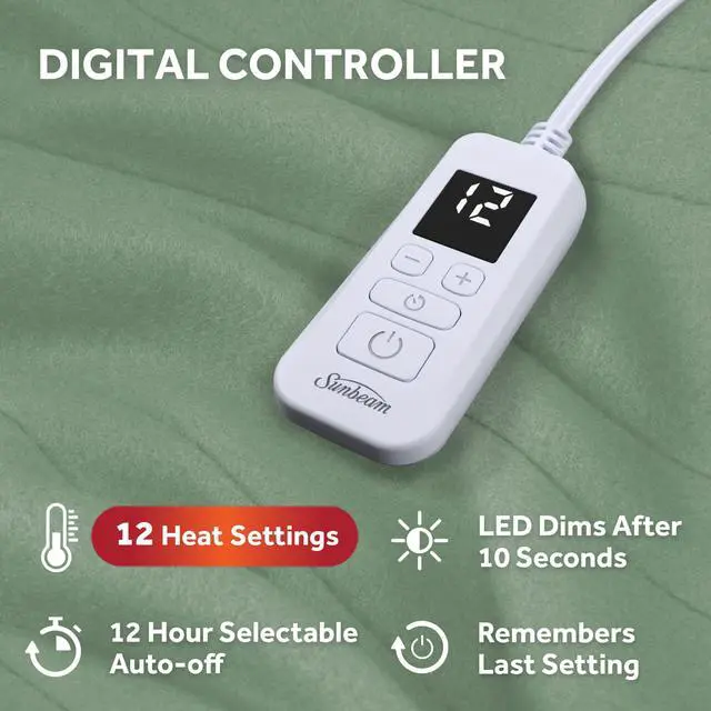 Alt view image 3 of 6 - Royal Ultra Fleece Heated Electric Blanket Twin Size, 84" x 62", 12 Heat Settings, 12-Hour Selectable Auto Shut-Off, Fast Heating, Machine Washable, Warm and Cozy, Matcha