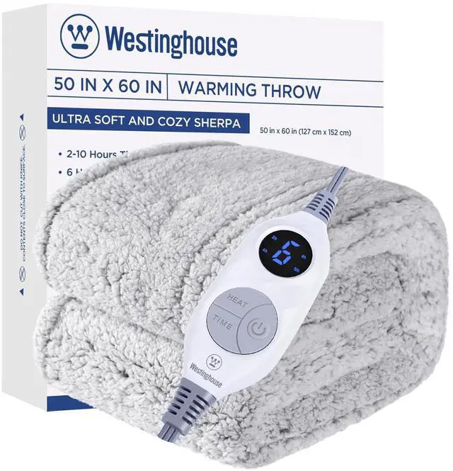 Main image of Electric Blanket Throw Size, Soft Plush Sherpa Heated Blanket with 6 Heating Levels & 2-10 Hours Auto-Off, Machine Washable, 50x60 inches, Grey