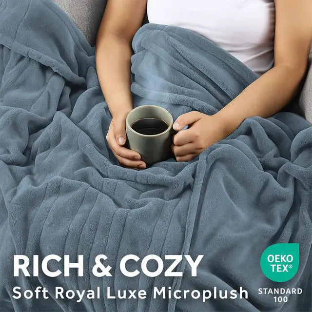 Alt view image 4 of 7 - Electric Royal Luxe Microplush Heated Blanket, 12 Heat Settings, 12-Hour Auto Shut-Off, Fast Heating, Warm and Cozy, Cadet Blue Color, Full (84" x 72")