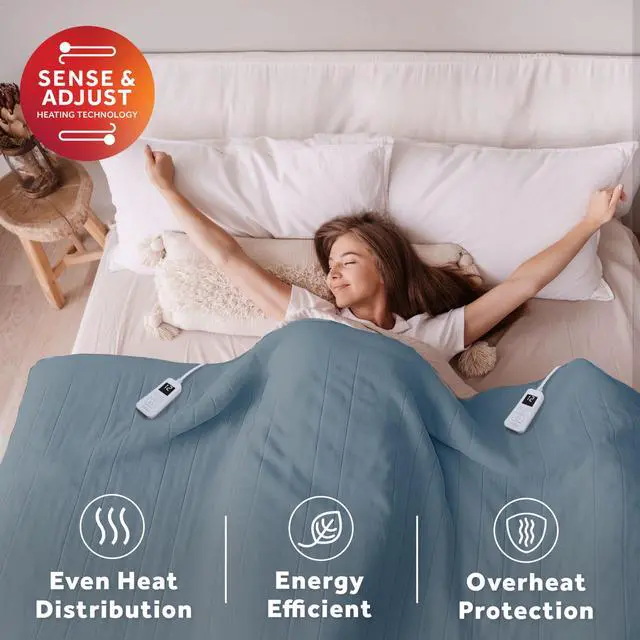 Alt view image 5 of 7 - Electric Royal Luxe Microplush Heated Blanket, 12 Heat Settings, 12-Hour Auto Shut-Off, Fast Heating, Warm and Cozy, Cadet Blue Color, Full (84" x 72")