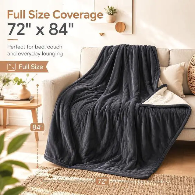 Alt view image 5 of 7 - Electric Heated Blanket Full Size 72"x84", Dual-Sided Flannel & Sherpa, 9 Heat Settings & 1-10H Auto Off, ETL Overheat Protection, Machine Washable, Iron Gray