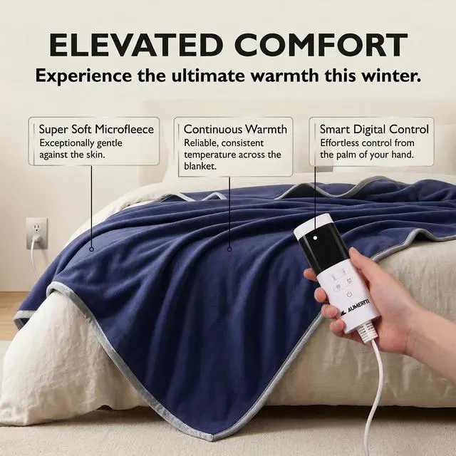 Alt view image 2 of 7 - - Heated Blanket 50"x60", Electric Blanket with 9 Heating Levels & Auto Shut-Off & 1-12H Timer, Soft Polyester Heating Blanket Throw for Couch & Bed, Machine Washable, Blue